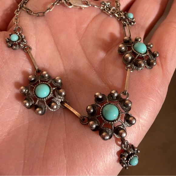 Antique Victorian Art deco sterling silver turquoise Flower Festoon Necklace